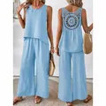 Light blue two-piece sleeveless set with hollow-out back and wide leg pants - Light Blue