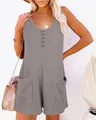 Casual women's grey waffle knit sleeveless romper with button and pockets - S / Gray