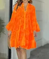 Robe d'été ample orange vif à col en V avec broderie florale complexe et dentelle anglaise - S / Haut Et Bas / Rouge Orangé