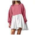 Detail view of the pink and white fake two-piece sweatshirt dress with pleated skirt. - Pink and White