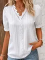 Elegant white short sleeve blouse with delicate lace hollow detailing for summer - S / Tops / White
