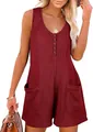 Detailed view of women's maroon waffle knit sleeveless romper with buttons and pockets - S / Top And Bottom / Burgundy
