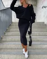 Casual black two-piece set featuring hooded sweatshirt and slim tank midi dress outfit - S / Top And Bottom / Black