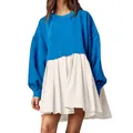 Fashionable blue sweatshirt and white pleated fake two-piece long sleeve dress for women - S / Top And Bottom / Sky Blue & White