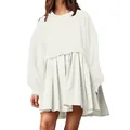 Elegant cream oversized sweatshirt dress for women with stylish pleated skirt hem - S / Top And Bottom / White
