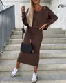 Professional outdoor street style shot of brown V-neck hoodie and matching midi dress set - S / Top And Bottom / Coffee