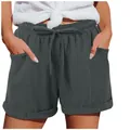 Pantaloncini estivi da donna a vita alta con coulisse e gamba larga in grigio scuro cotone - Grigio scuro