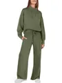 Women's 2-piece olive green lounge set featuring drawstring sweatshirt and wide-leg pants. - Olive Green