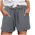 Pantaloncini grigi da donna a vita alta con coulisse, vestibilità ampia e tasche - Grigio chiaro