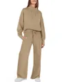Detail view of a khaki long-sleeve drawstring hoodie and matching wide-leg lounge pants - Dark Khaki