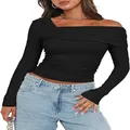 Haut froncé à manches longues et épaule dénudée pour femme, noir, coupe ajustée Y2K - S / Hauts / Noir
