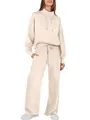 Full-length view of women's cream-colored drawstring hoodie and wide-leg trousers set - Apricot