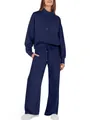 Navy blue women's two-piece tracksuit set with drawstring hoodie and wide-leg pants - S / Top And Bottom (23208#) / Navy Blue