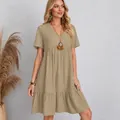 Summer casual loose khaki V-neck short sleeve tiered dress with pleated texture - S / Top And Bottom / Khaki