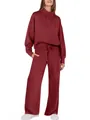 Women's two-piece casual lounge set with burgundy drawstring sweatshirt and wide-leg pants - S / Top And Bottom (23208#) / Burgundy