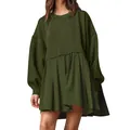 Women's oversized olive green faux two-piece sweatshirt dress featuring a pleated skirt hem - S / Top And Bottom / Army Green