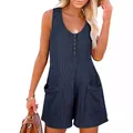 Combishort décontracté sans manches en maille gaufrée bleu marine avec boutons et poches - Bleu Marine