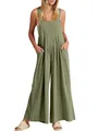Peto de lino y algodón verde oliva para mujer con diseño de pierna ancha suelta y bolsillos - S / Top Y Pantalón / Verde oliva