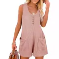 Tuta corta casual in maglia a nido d'ape senza maniche con bottoni e tasche beige rosa. - Taglia S / Rosa