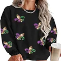 Close-up detail of women's black sweatshirt with glitter Mardi Gras Fleur-de-lis patterns - S / Tops / Black