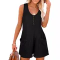 Pagliaccetto estivo casual senza maniche in maglia a nido d'ape nera con bottoni e tasche. - Taglia S / Nero