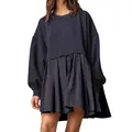 Casual dark grey long sleeve fake two-piece sweatshirt dress with pleated hem detail - S / Top And Bottom / Navy Blue
