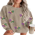 Détail du sweat-shirt kaki pour femme avec fleur de lys en paillettes violettes et vertes - S / Hauts / Kaki