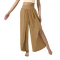 Pantalon large à taille haute avec fentes hautes en couleur chameau pour yoga et loisirs - S / Bas / Curcuma
