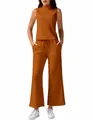 Elegante oranje tweedelige set met mouwloze top met opstaande kraag en broek met brede pijpen - Oranje