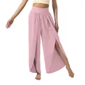 Vue détaillée du pantalon de yoga rose à taille haute et jambe large avec fentes hautes - S / Bas / Rose