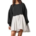 Women's black and white fake two-piece sweatshirt dress with loose fit and pleated skirt. - Black & White