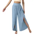 Detail of light blue high waist yoga pants with stylish front high slits and loose fit - Light Blue