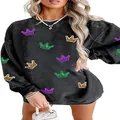 Women's black round neck sweatshirt with colorful crown embroidery and ribbed texture. - S / Tops / Black Crown