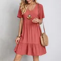 Women's casual V-neck short-sleeved tiered mini dress in dusty pink textured fabric for summer - S / Top And Bottom / Red