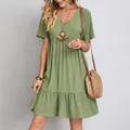 Casual sage green V-neck short sleeve loose flowy dress for stylish summer outfits - S / Top And Bottom / Green