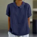 Close-up of a navy blue cotton short-sleeved blouse with a classic Peter Pan collar. - Dark Blue