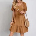 Boho casual short sleeve caramel cotton linen dress with V-neck and flowy hemline - S / Top And Bottom / Brown