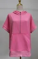 Close-up detail of casual pink short sleeve hooded sweatshirt with front metal zipper - S / Tops / Pink
