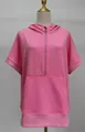 Close-up detail of casual pink short sleeve hooded sweatshirt with front metal zipper - S / Tops / Pink