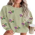 Sweat-shirt à manches longues vert sauge pour femme avec motif fleur de lys pailleté. - S / Hauts / Vert clair