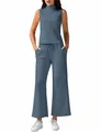 Moderne tweedelige blauwe set met mouwloze top en wijde casual broek. - Blauwgrijs