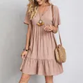 Bohemian casual dusty pink V-neck short sleeve flowy dress with textured crinkle fabric - S / Top And Bottom / Pink