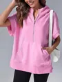 Close-up view of a pink casual short-sleeve hooded sweatshirt with half-zip detail - S / Tops / Pink