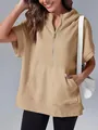 Detail view of khaki casual short sleeve half-zip hooded sweatshirt for women - S / Tops / Khaki