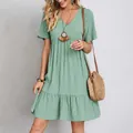 Elegant loose casual mint green short sleeve V-neck mini dress with ruffle hem detail - S / Tops / Light Green