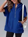 Detailed view of the half-zip and pocket on this blue short sleeve hoodie - S / Tops / Navy Blue