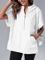 Detail of white short sleeve hoodie featuring half-zip and kangaroo pocket. - White