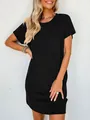 Macro view of black ribbed casual short-sleeved summer dress with a chest pocket - Black