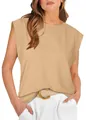 Close-up detail view of a beige women's cap sleeve casual loose basic summer T-shirt - Apricot