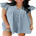 Detail of light blue V-neck ruffle sleeve dress showing the fabric texture and ruffles - S / Dresses / Light Blue